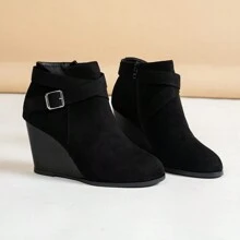 Women's Autumn/Winter Round Toe Side Zipper Wedge Heel Casual Fashion Ankle Boots - Black - View 5