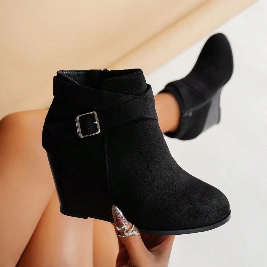 Women's Autumn/Winter Round Toe Side Zipper Wedge Heel Casual Fashion Ankle Boots - Black - View 1