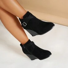 Women's Autumn/Winter Round Toe Side Zipper Wedge Heel Casual Fashion Ankle Boots - Black - View 2