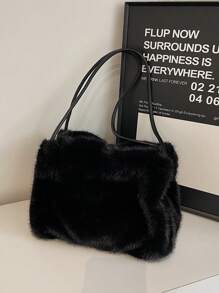 Eslcorri 女士小号蓬松毛绒手提包，可爱毛绒腋下包迷你顶部提手钱包蓬松单肩流浪包 - 黑色 - 查看 1