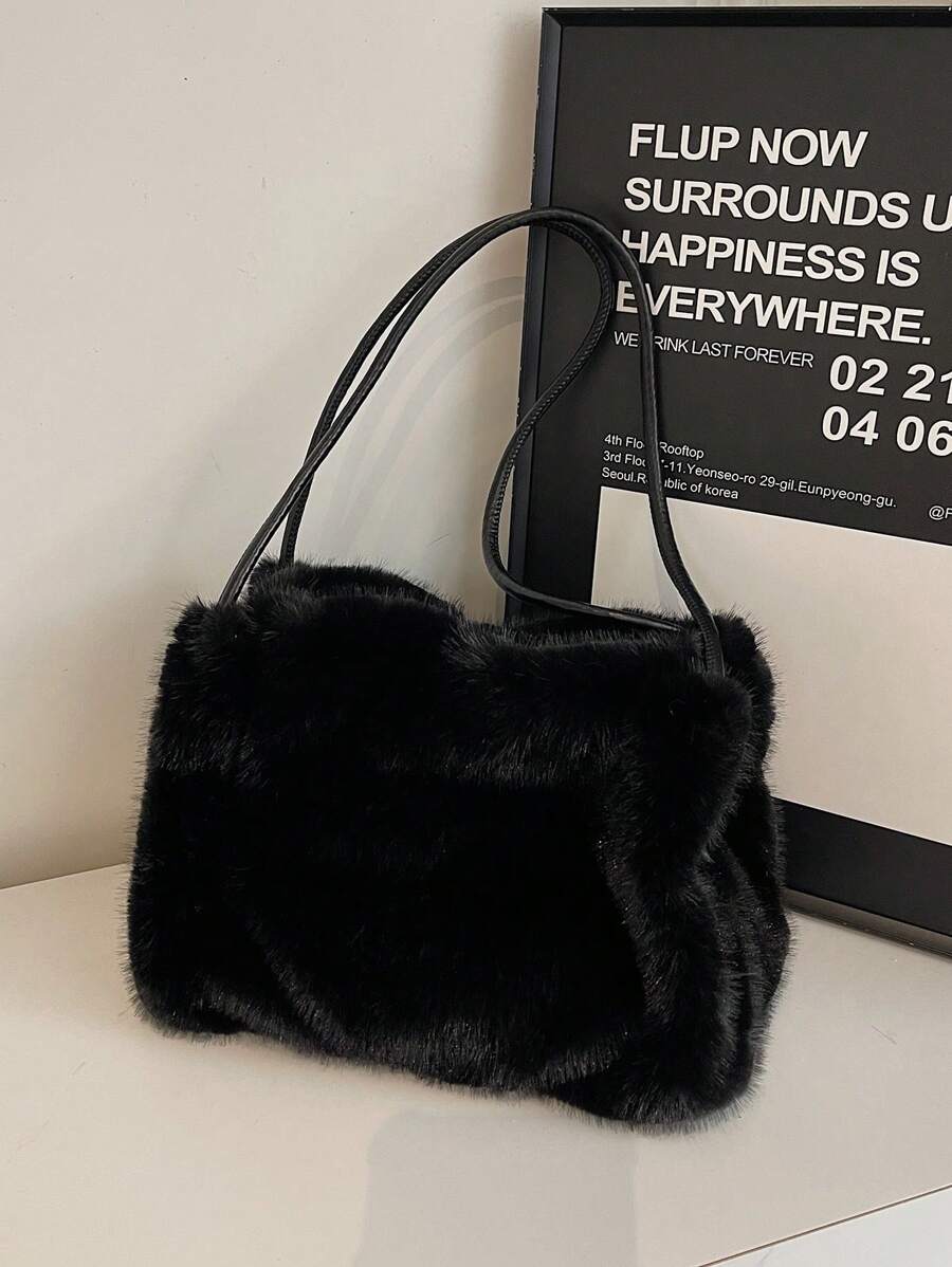 Eslcorri 女士小号蓬松毛绒手提包，可爱毛绒腋下包迷你顶部提手钱包蓬松单肩流浪包 - 黑色 - 查看 1