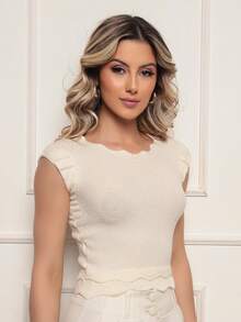 ONLYONE - JAPANESE MODAL SLEEVE CROPPED TOP WITH WAVE DETAIL HEM -  FIMINAS TOPS KNIT TOPS - Cream - View 5