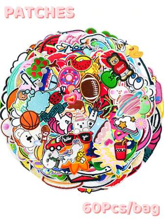 60 件随机卡通图案布贴，可爱卡通风格熨烫/缝纫补丁适用于衣服、包、鞋、帽子等。