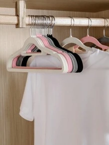 10 件植绒衣架配 10 件衣架连接器，植绒衣架用于干湿衣服晾晒，加厚防滑衣架，家用衣架支架。衣架连接器颜色随机，首次使用略有脱落，洗涤后体验更佳。，春季，极简主义，夏季上衣 - 彩色 - 查看 3
