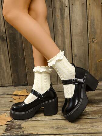 Plus Size Women Super High Heel Block Heel Waterproof Platform Strap Mary Jane Shoes, Black Square Toe Low Vamp Japanese School Uniform Shoes, Suitable For Skirts