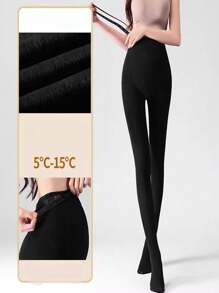1pc Maternity Tights, Black, Thermal Lined, Adjustable Belly Support Band, Suitable For Everyday Wear
