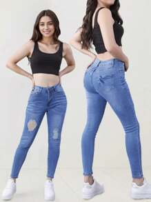 Jeans ajustados de cintura alta lavados, jeans ajustados de botones de un solo pecho elásticos, jeans ajustados y elásticos para mujeres, jeans de mezclilla y ropa - Azul - Ver 1