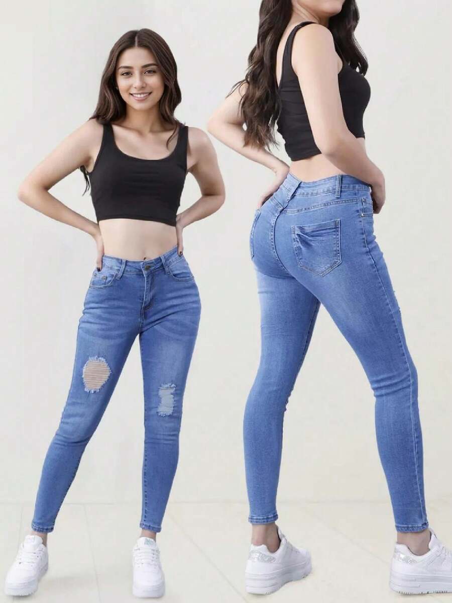 Jeans ajustados de cintura alta lavados, jeans ajustados de botones de un solo pecho elásticos, jeans ajustados y elásticos para mujeres, jeans de mezclilla y ropa - Azul - Ver 1