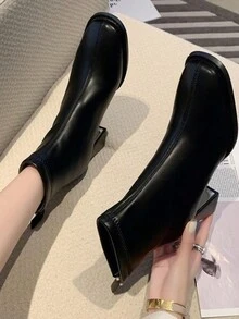 2024 秋冬新款女士踝靴，方头粗跟时尚短靴，毛绒衬里保暖百搭高跟靴 - 黑色 - 查看 1