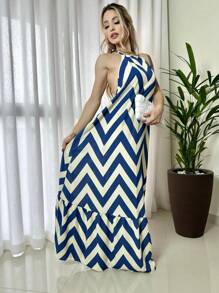 Long Zig Zag Striped Halter Dress. - Navy Blue - View 2
