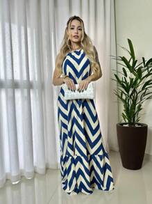 Long Zig Zag Striped Halter Dress. - Navy Blue - View 3