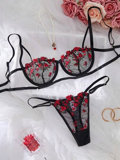 Women Bloemen Geborduurde Mesh Verleidelijke Lingerie Set, Rave