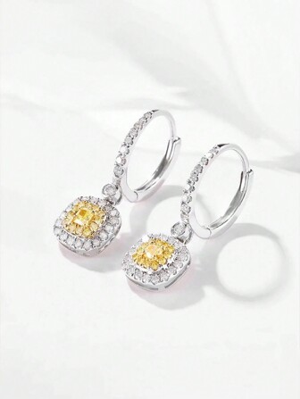 1คู่ ต่างหูจี้เงินสเตอร์ลิง S925 สีเหลืองไฟฟ้าสแควร์อเนกประสงค์แบบ INS สไตล์ ดีไซน์คลาสสิกหรูหรา เหมาะสำหรับสวมใส่ประจำวัน วันหยุด งานปาร์ตี้ของขวัญเครื่องประดับผู้หญิง