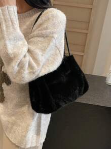Eslcorri 女士小号蓬松毛绒手提包，可爱毛绒腋下包迷你顶部提手钱包蓬松单肩流浪包 - 黑色 - 查看 6