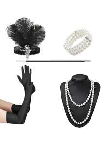 Set de 6 accesorii și pălării la modă în stil Paște/anii 1920, inclusiv bentiță cu pene, mănuși, colier lung cu perle artificiale, suport pentru țigări, brățară cu 3 rânduri de perle artificiale pentru petrecere, spectacol, costum de Ziua Mamei și Halloween