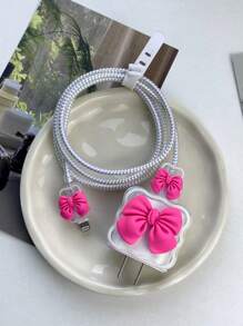 Cute Hot Pink Bow Decoration Data Cable Protection Set Compatible With IPhone 18/20W Charger Protection Case Data Cable Protection Rope Bite Device,Y2K Hot Girl Style Cable Protector, Charger Protector - Hot Pink - View 3