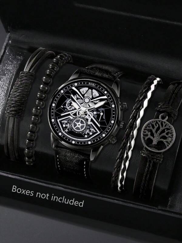 5pcs/Set Men Watch Men's Brown Pu Strap Fashionable Casual Round Dial Pointer Quartz Watch With Leather Cord Accessories Suitable For Daily Wear, Back-To-School Season, Graduation Season, Thanksgiving, Couples, The Best Gifts Watch Box Not Included