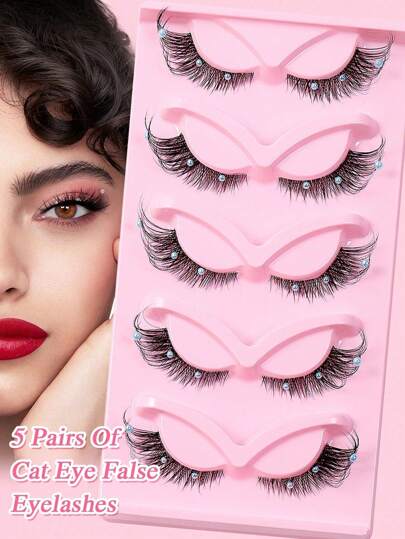 5 对隐形带状假睫毛带假珍珠狐狸眼风格自然假全眼睫毛带翼漫画角色扮演可重复使用睫毛适合舞台美容别致睫毛持久放大眼睛化妆美容