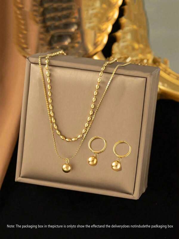 Un Conjunto De 3 Piezas De Elegante Collar Y Aretes Minimalistas De Acero Inoxidable Con Baño De Oro De 18k Y Diseño De Colgante Con Cuentas, Adecuado Para Uso Diario O Asistencia A Fiestas