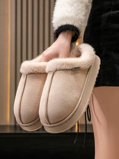 Women's Deer Suede Plush Slippers, Anti-Skid, Furry, Warm, EVA Thick Bottom, Indoor Home Shoes For Autumn/Winter