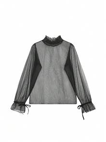 镂空蕾丝长袖透气上衣，女士黑色夏季款 - 黑色 - 查看 5