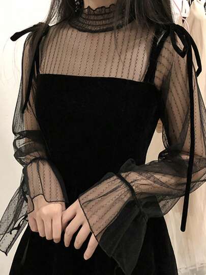 镂空蕾丝衬衫，时尚女士长袖透气上衣