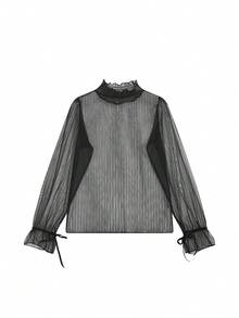 镂空蕾丝长袖透气上衣，女士黑色夏季款 - 黑色 - 查看 2