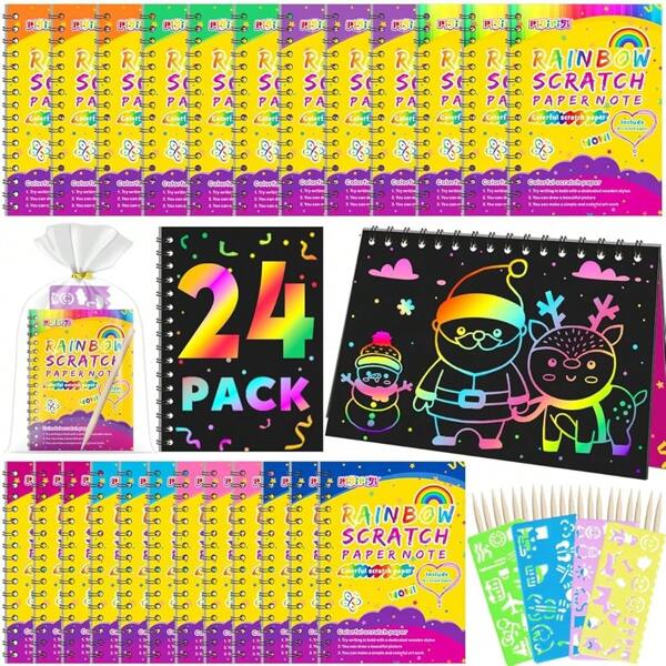 Party Favor Toy For Kids: 24 Pack Rainbow Art Scratch Notebook, Colorful Craft Scribble Paper Magic Black Drawing Pad Kit, Activity Gift Set For Girl Boy Children Birthday Christmas