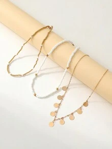 3 件金属质感珍珠珠和圆盘吊坠项链套装（圆盘数量随机） - 金黃色 - 查看 2