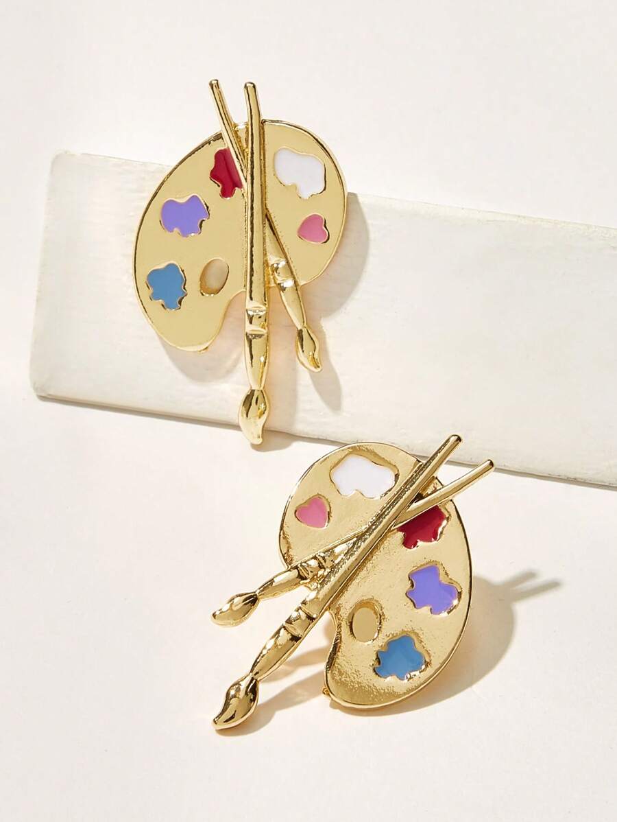 1 件个性化时尚耳环女士彩色调色板画笔耳钉吊坠耳环画家爱好者艺术家教师珠宝 - 金黃色 - 查看 1