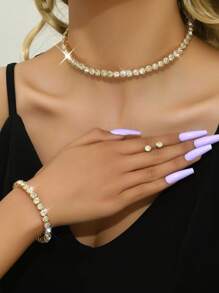 4pcs Women's European And American Fashion Wedding Set Fashion Earrings Necklace Bracelet Rhinestone Bridal Claw Chain Wedding Party Birthday Gift - Silver - View 7