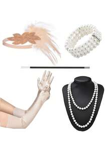 Set de 6 accesorii și pălării la modă în stil Paște/anii 1920, inclusiv bentiță cu pene, mănuși, colier lung cu perle artificiale, suport pentru țigări, brățară cu 3 rânduri de perle artificiale pentru petrecere, spectacol, costum de Ziua Mamei și Halloween