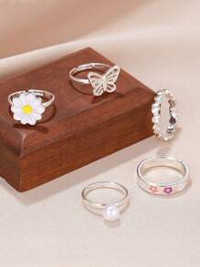 5pcs/Set Popular Ins-Style Adjustable Pearl Rings, Set With Butterfly, Daisy & Heart Design