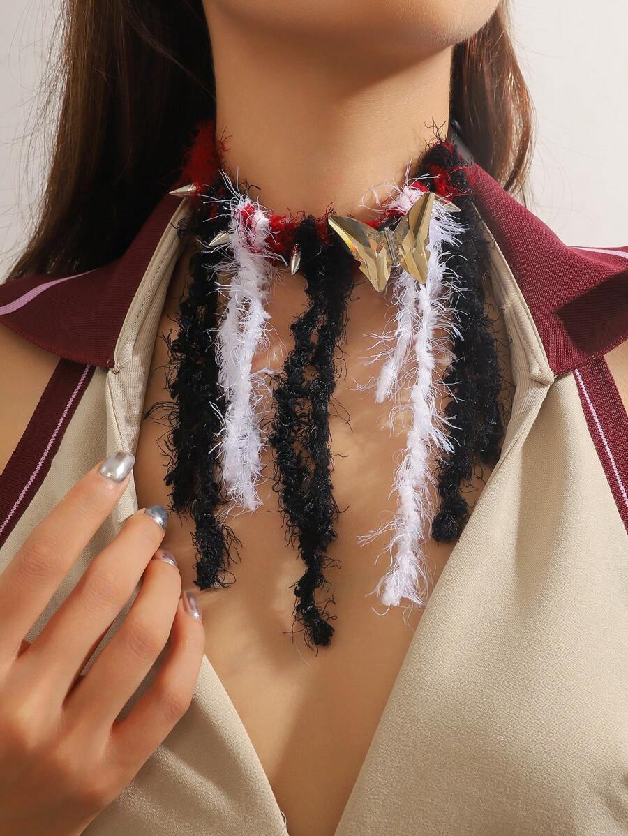 1 件哥特式万圣节皮革蝴蝶流苏吊坠颈链，夸张皮革蝴蝶项链，适合女性参加万圣节活动 - 蝴蝶型 - 查看 1