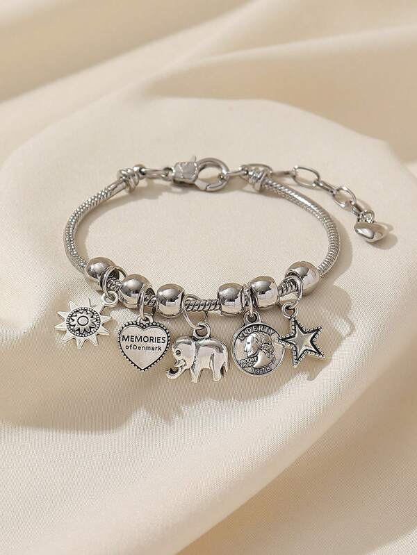 1 قطعة سوار من الخرز والنحاس بأشكال فيل محظوظ، نجمة، قلب ودائرة، مع قلاده على شكل نجمة للنساء في عيد الحب وأيام الأم