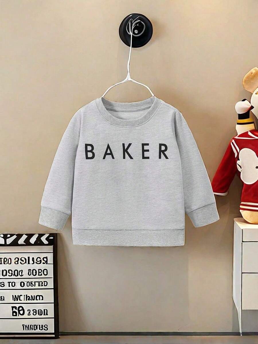 Young Boy Casual Letter Print Crew Neck Sweatshirt