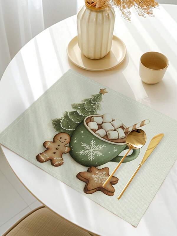 4 peças/conjunto Árvore de Natal, Boneco de Gengibre, Estrela de Cobertura, Jogo Americano com Estampa de Café, Jogo Americano Moderno de Fibra de Poliéster para Decoração de Mesa de Jantar e Cozinha, Adequado para Sala de Jantar e Cozinha