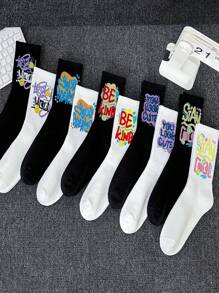 10双黑白字母时尚袜子中筒袜长筒袜男士袜子保暖透气适合户外运动休闲袜 - 5黑+5白 - 查看 1