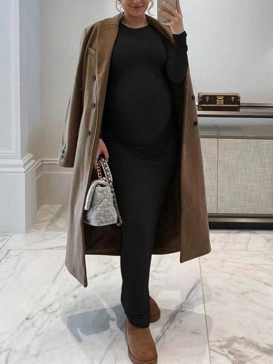 Maternity Casual Solid Color Bodycon Long Dress, Elegant For Autumn/Winter Black Spring - Black - View 1