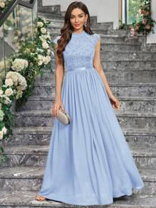 MIUSOL 优雅花卉蕾丝立领盖袖褶边舞会礼服 - 淺藍色 - 查看 2