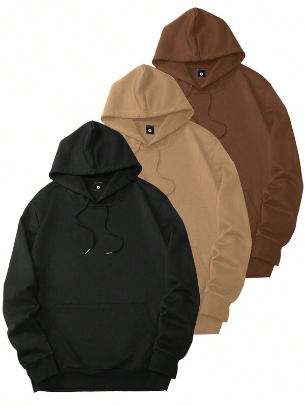 3 Packs Hoodies For Men, Casual Sports Fashion With Drawstring Kangaroo Pocket, Long Sleeve Pullover Sweatshirts, Black+Khaki+Coffee
