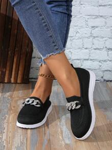 Women's Casual Rhinestone Chain Soft Bottom Knitted Upper Round Toe Versatile Cute Sneakers, Breathable Mesh, Runs Large, White Color