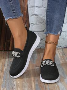 Women's Casual Rhinestone Chain Soft Bottom Knitted Upper Round Toe Versatile Cute Sneakers, Breathable Mesh, Runs Large, White Color