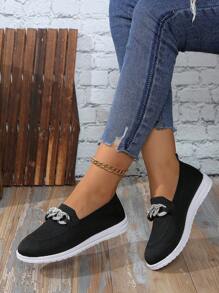 Women's Casual Rhinestone Chain Soft Bottom Knitted Upper Round Toe Versatile Cute Sneakers, Breathable Mesh, Runs Large, White Color