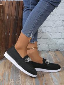 Women's Casual Rhinestone Chain Soft Bottom Knitted Upper Round Toe Versatile Cute Sneakers, Breathable Mesh, Runs Large, White Color