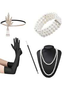 Set de 6 accesorii și pălării la modă în stil Paște/anii 1920, inclusiv bentiță cu pene, mănuși, colier lung cu perle artificiale, suport pentru țigări, brățară cu 3 rânduri de perle artificiale pentru petrecere, spectacol, costum de Ziua Mamei și Halloween