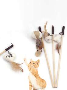 1 件多功能猫玩具，木棍上的黄麻布老鼠猫逗猫棒，手持互动猫羽毛玩具，猫用品，帮助锻炼猫咪 - 彩色 - 查看 2