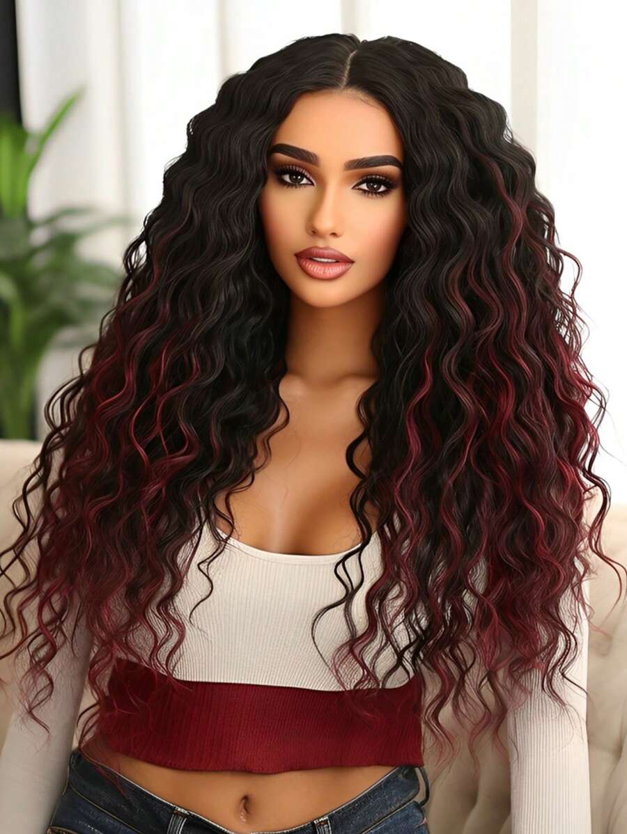 28-Inch Long Fluffy Black & Red Ombre Curly Wig, Synthetic Fiber Material Designed For Women, Suitable For Holiday Costumes, Halloween, Christmas And Daily Wear