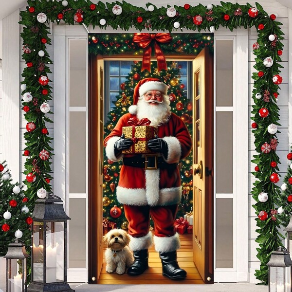Avezano Capa de porta de Natal Engraçado Feliz Natal Porta Banner Papai Noel Cães Natal Porta da frente Banner de boas-vindas para decorações de inverno de Natal