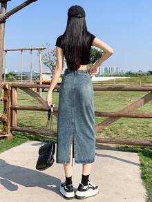 Women's Casual Adjustable Waist Vintage Washed Slit-Hem Loose Denim Skirt - Blue - View 6